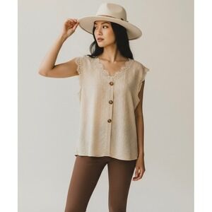 SHEIN Womens XL Sleeveless Button Front Lace Trim Textured‎ Blouse Top